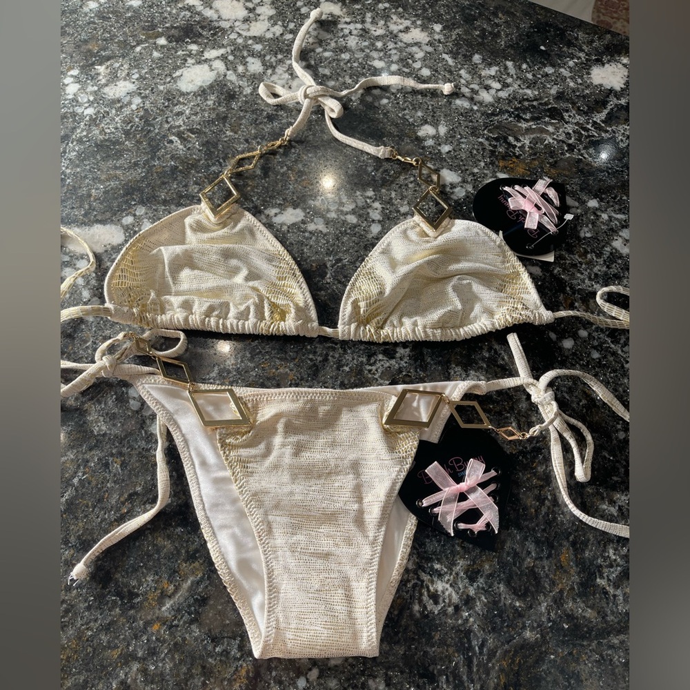 NWT beach bunny bikini white and gold animal skin size XL/L set - Picture 5 of 14